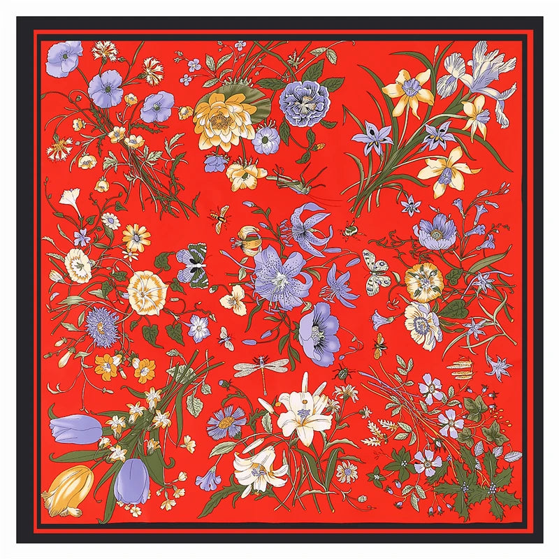 Luxury 130cm Floral Twill Silk Scarf – Elegant Square Shawl for Women