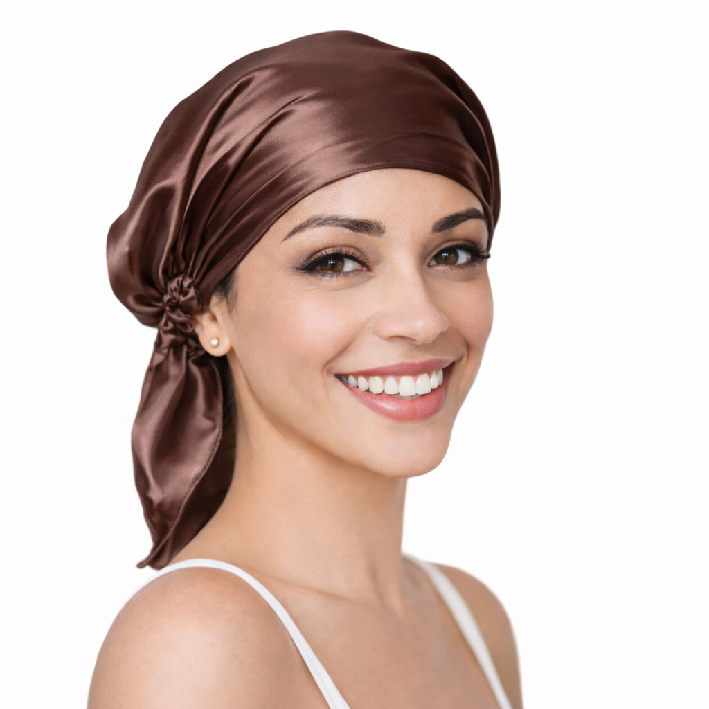 Woman wearing a brown silk headscarf on a white background