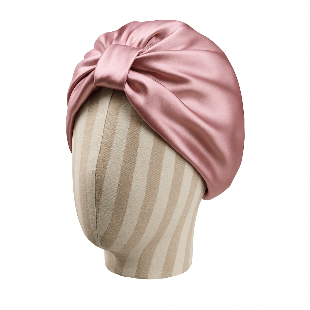 Pink satin turban on a mannequin head with a white background