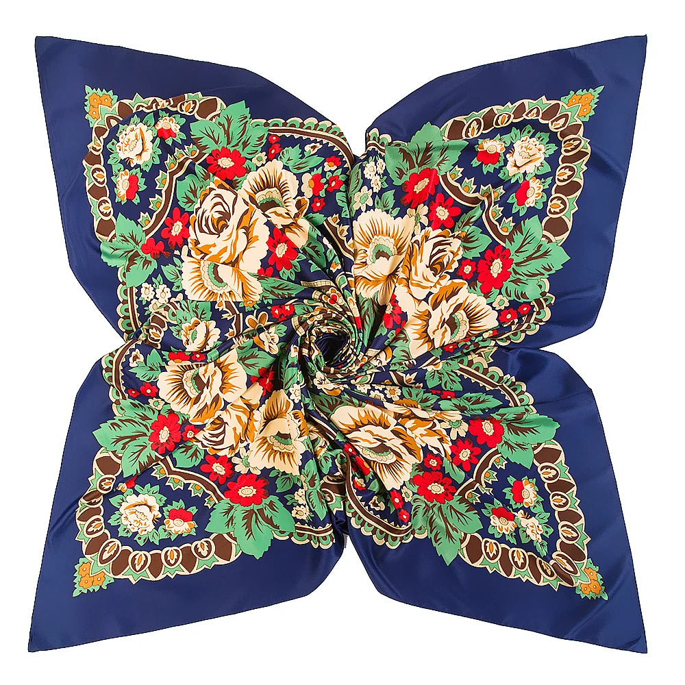 Bohemian Floral Silk Scarf – 130cm Luxury Twill Square Shawl