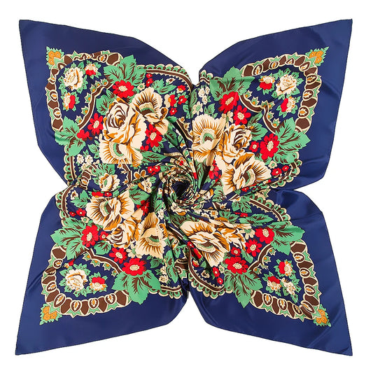 Bohemian Floral Silk Scarf – 130cm Luxury Twill Square Shawl