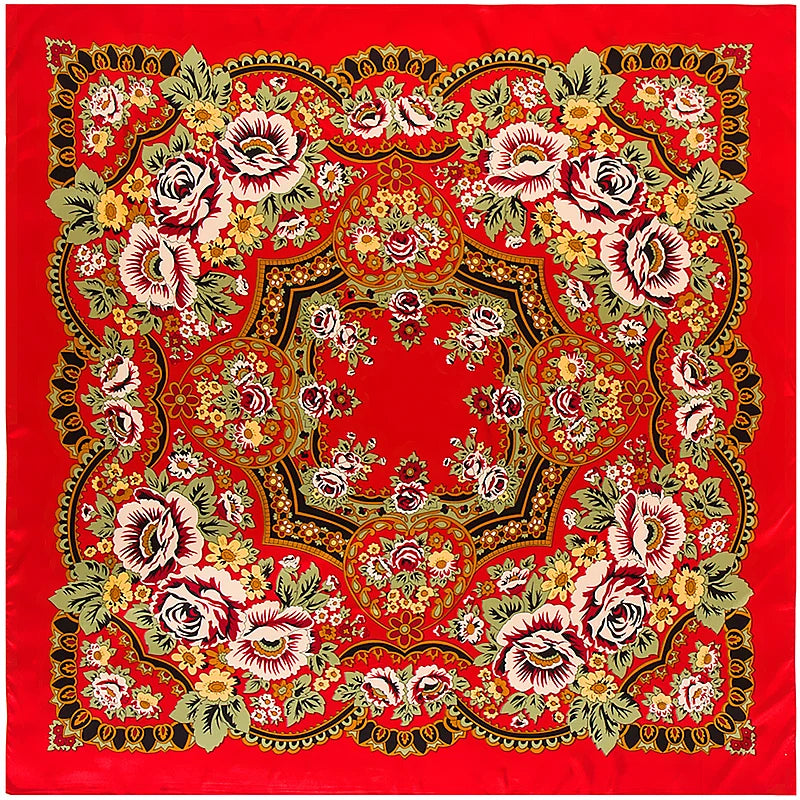 Bohemian Floral Silk Scarf – 130cm Luxury Twill Square Shawl