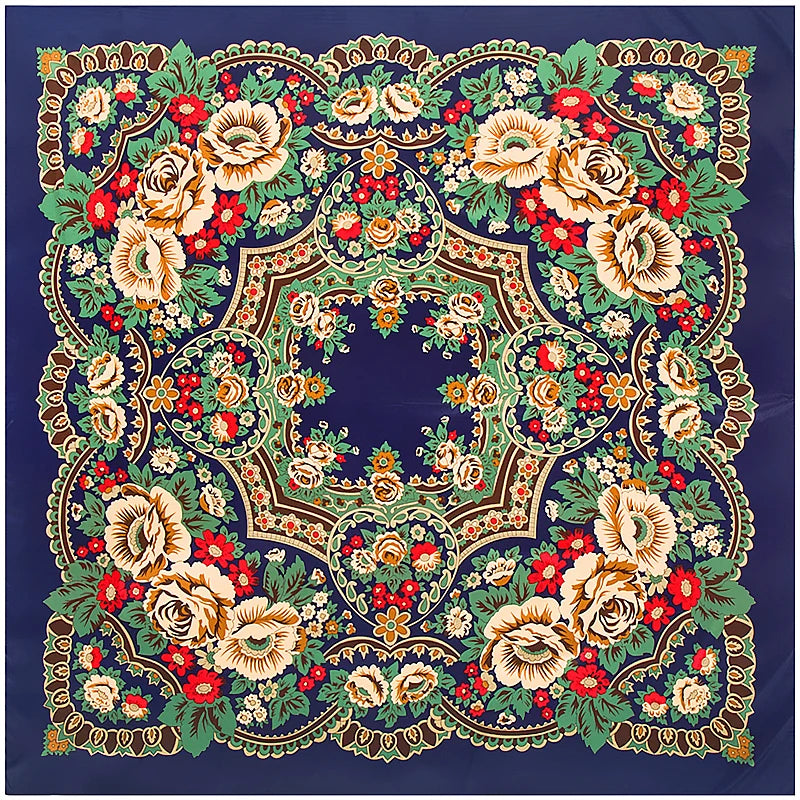 Bohemian Floral Silk Scarf – 130cm Luxury Twill Square Shawl