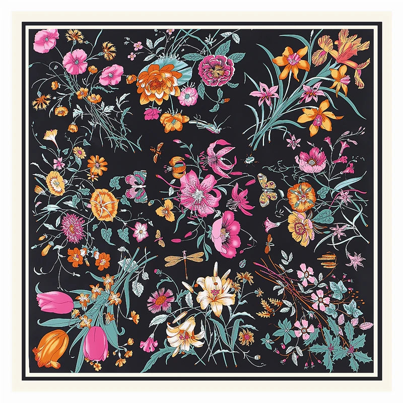 Luxury 130cm Floral Twill Silk Scarf – Elegant Square Shawl for Women