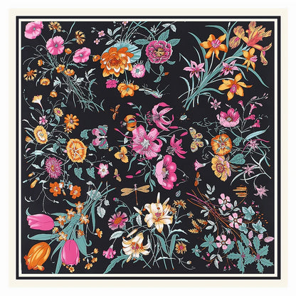 Luxury 130cm Floral Twill Silk Scarf – Elegant Square Shawl for Women