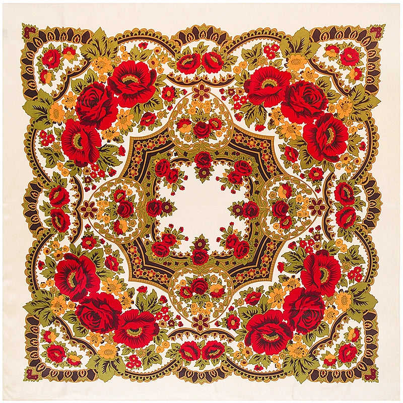 Bohemian Floral Silk Scarf – 130cm Luxury Twill Square Shawl