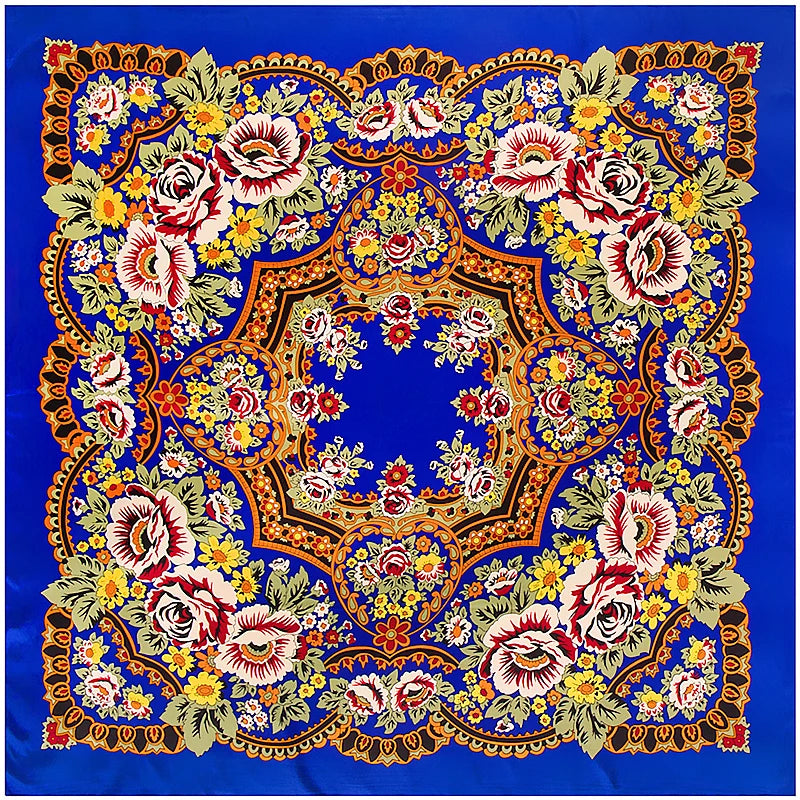 Bohemian Floral Silk Scarf – 130cm Luxury Twill Square Shawl