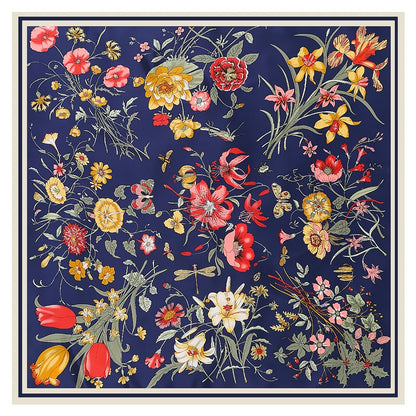 Luxury 130cm Floral Twill Silk Scarf – Elegant Square Shawl for Women