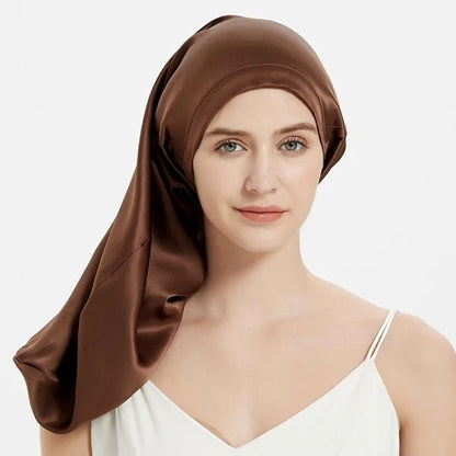 Long 19 momme mulberry silk bonnet with adjustable elastic band