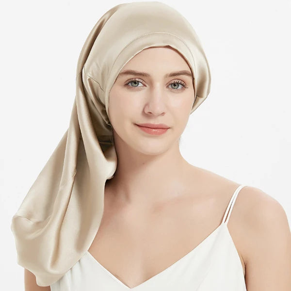 Long 19 momme mulberry silk bonnet with adjustable elastic band