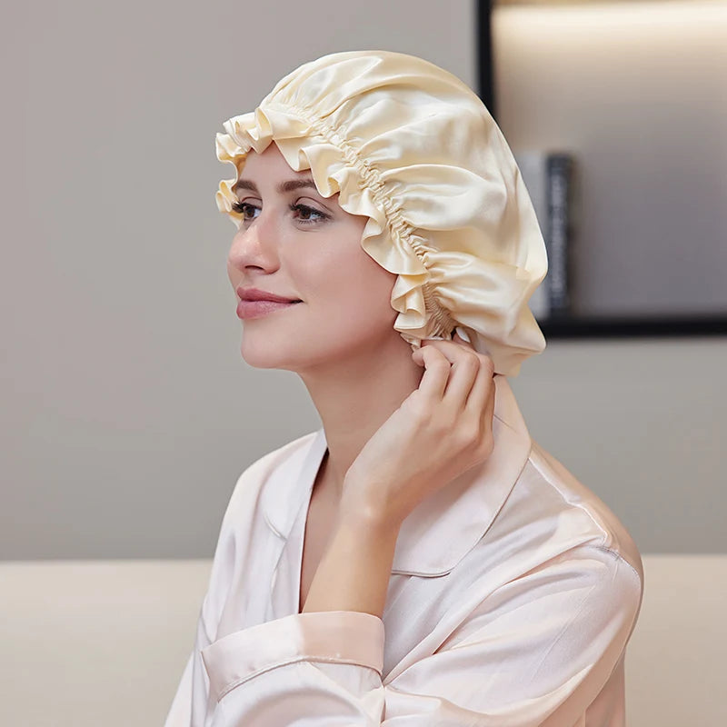 Natural silk hair bonnet with smooth friction-reducing surface