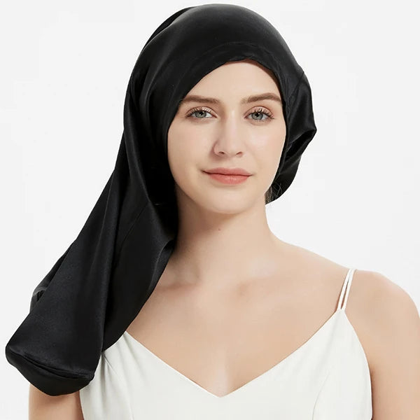 Long 19 momme mulberry silk bonnet with adjustable elastic band