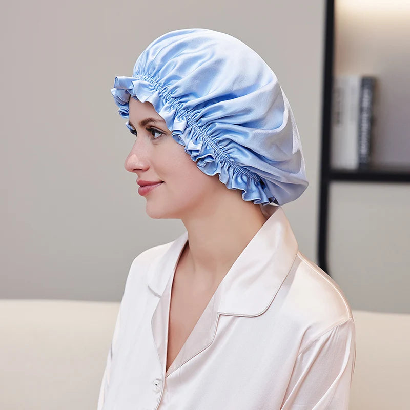 Natural silk hair bonnet with smooth friction-reducing surface