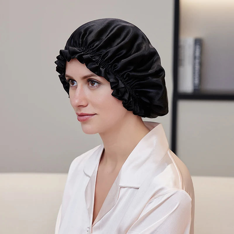 Natural silk hair bonnet with smooth friction-reducing surface