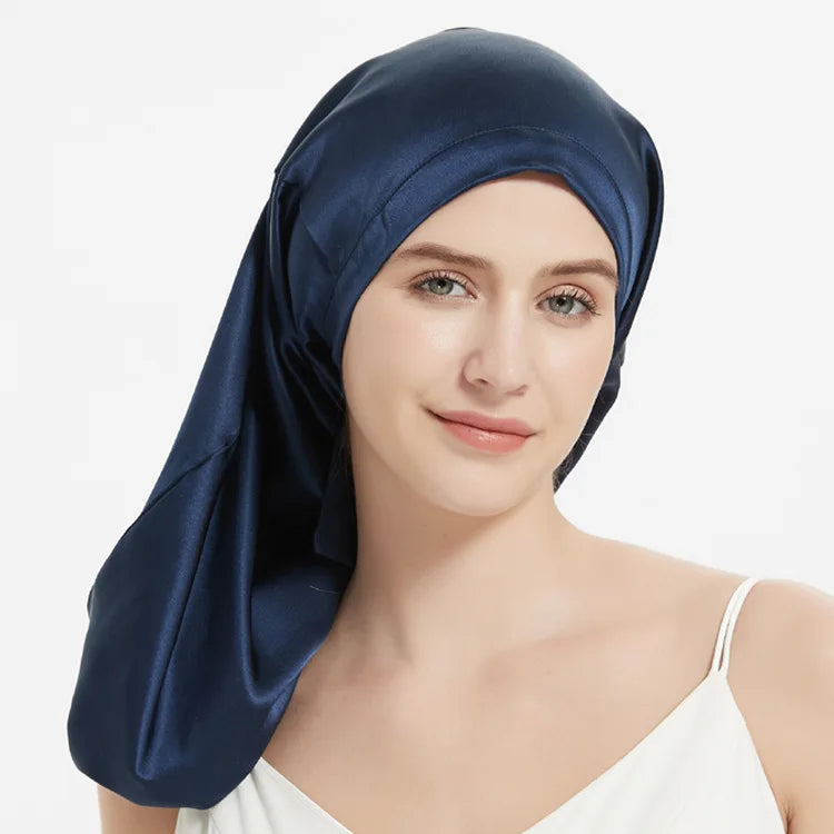 Long 19 momme mulberry silk bonnet with adjustable elastic band