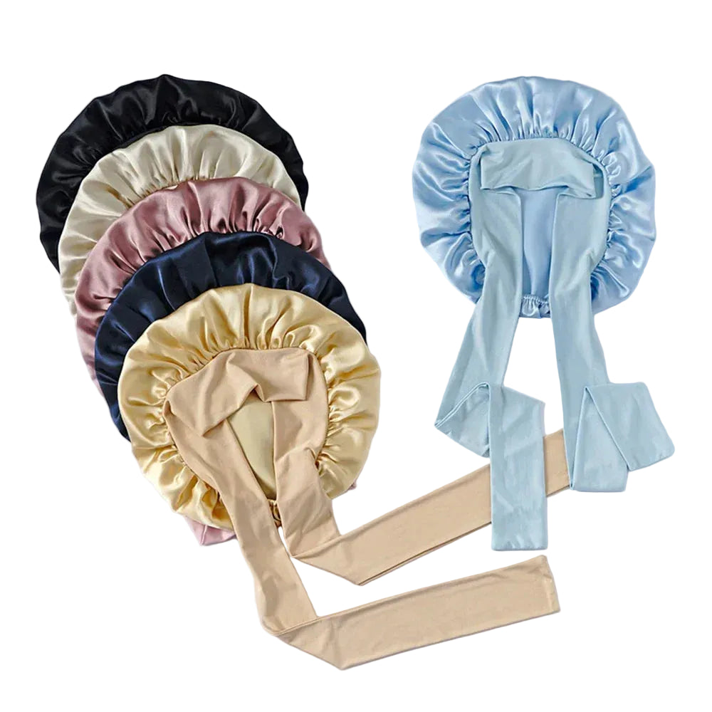 Pure mulberry silk sleeping bonnet designed to protect curly and textured hair overnight