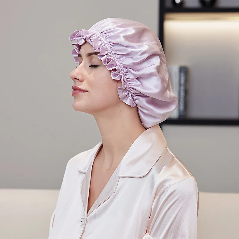 Natural silk hair bonnet with smooth friction-reducing surface