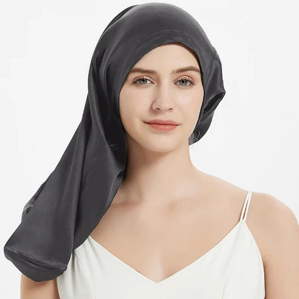 Long 19 momme mulberry silk bonnet with adjustable elastic band