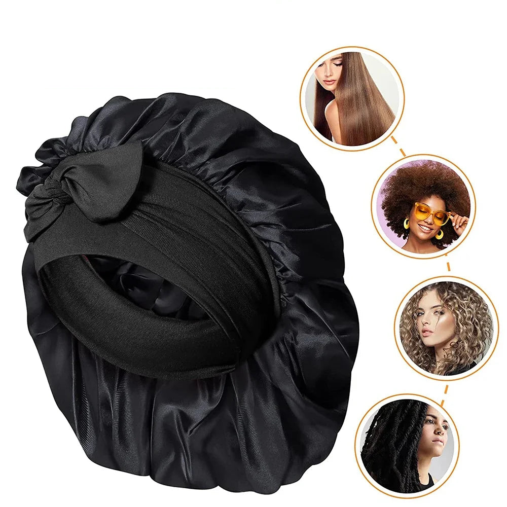 Pure mulberry silk sleeping bonnet designed to protect curly and textured hair overnight
