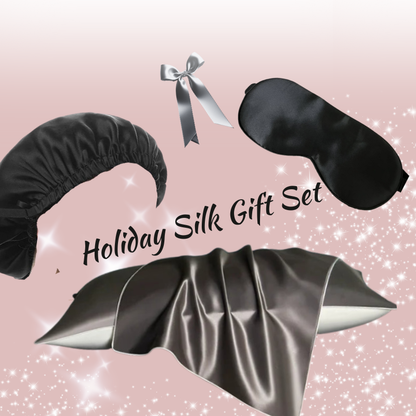 Black Mulberry Silk Luxury Sleep Gift Set with satin-lined bonnet and pillowcase – Silkvana