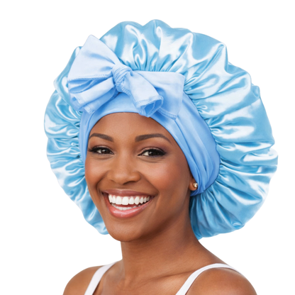 Baby blue silk bonnet with bow – double layer overnight sleep cap for frizz control and long hair protection