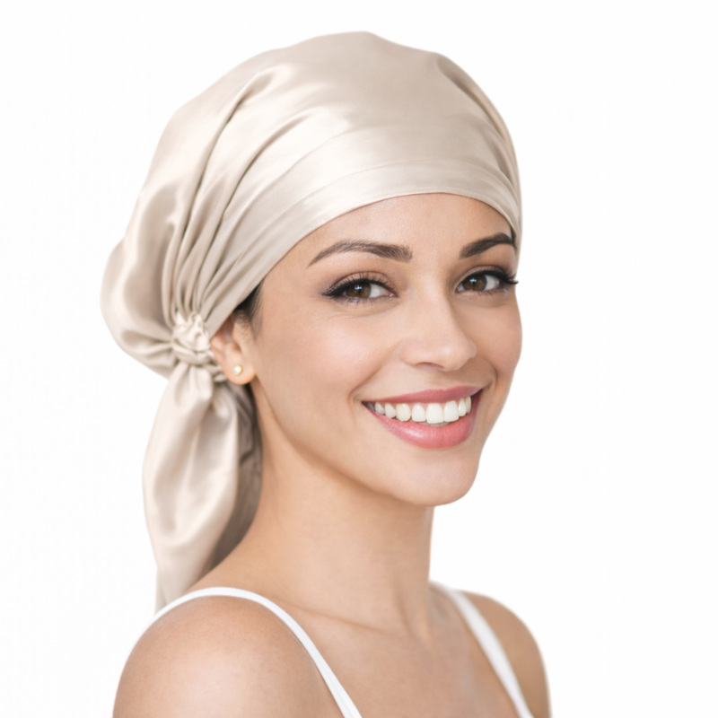 Beige silk sleep cap with tie back – soft overnight hair protection bonnet for frizz control and gentle hold