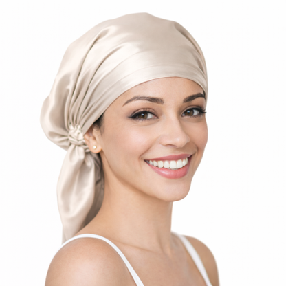 Beige silk sleep cap with tie back – soft overnight hair protection bonnet for frizz control and gentle hold