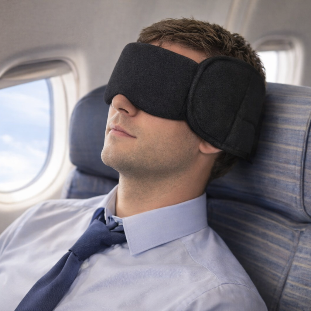 Comfortable blackout sleep mask worn by a man sleeping on a plane near the window