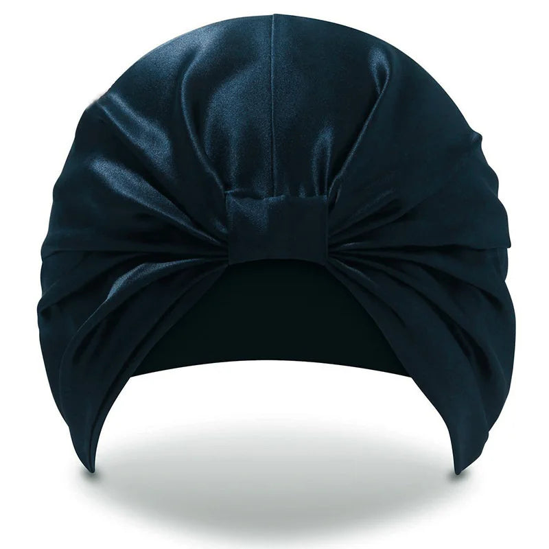 Dark teal silk bonnet for hair – soft overnight sleep cap for frizz control and shine