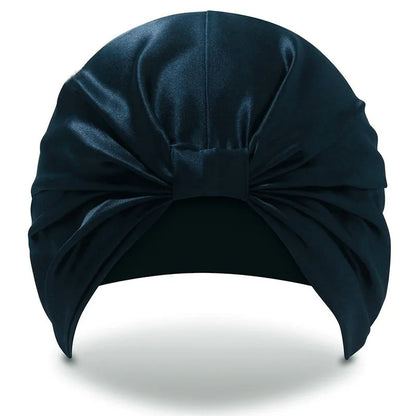 Dark teal silk bonnet for hair – soft overnight sleep cap for frizz control and shine