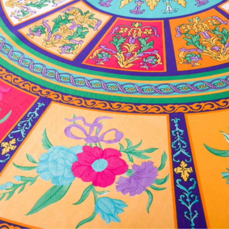 Bohemian floral print detail in orange, turquoise, and violet on 100 % twill silk scarf by Silkvana.