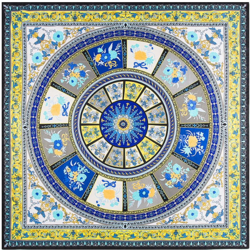 Blue and yellow mandala-style twill silk scarf for women.