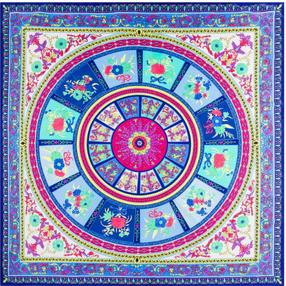 Indigo and magenta bohemian silk scarf with ornate circular floral design.