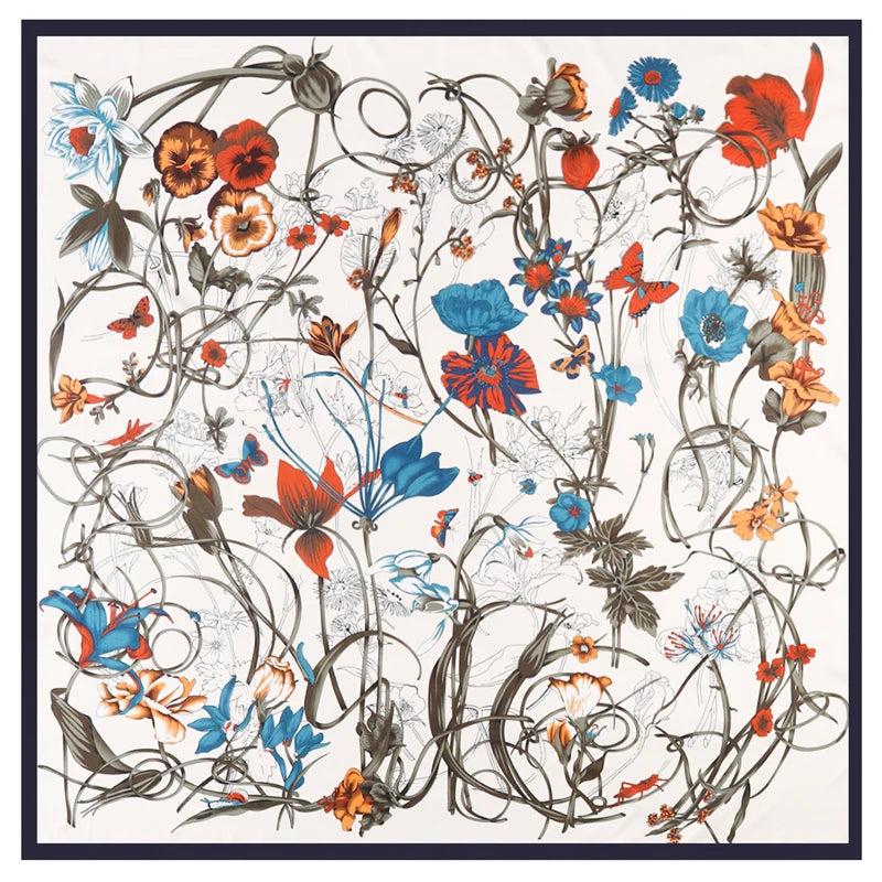 Creamy ivory silk with rich botanical accents. Elegant and versatile, it pairs beautifully with any wardrobe and season.