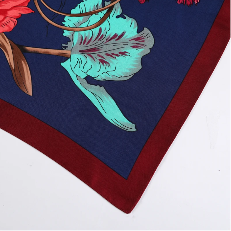 Luxury twill silk floral scarf in navy blue and burgundy – Silkvana Floral Grace collection.