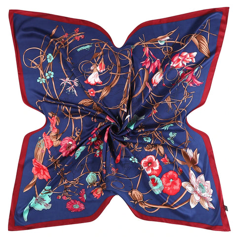 130cm Floral Twill Silk Scarf – Luxury Square Shawl for Women