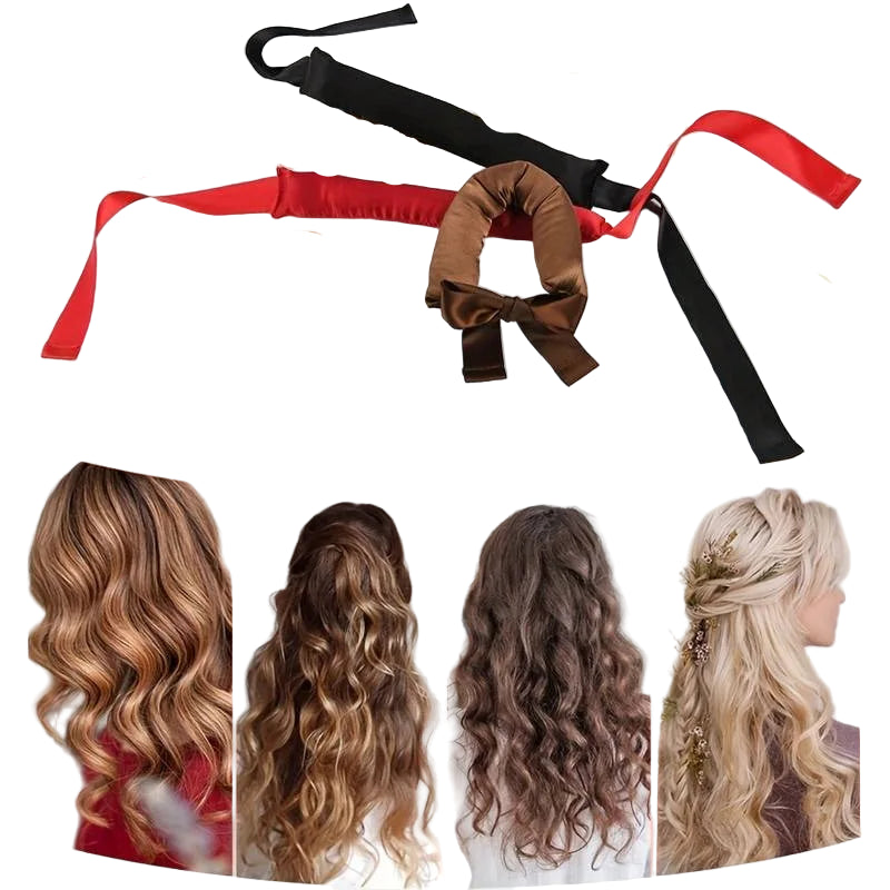 Silkvana Heatless Satin Curlers in Red, Black and Brown with examples of soft curls achieved overnight.