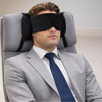 Man wearing a 3D blackout sleep mask with side support while resting on an airplane seat